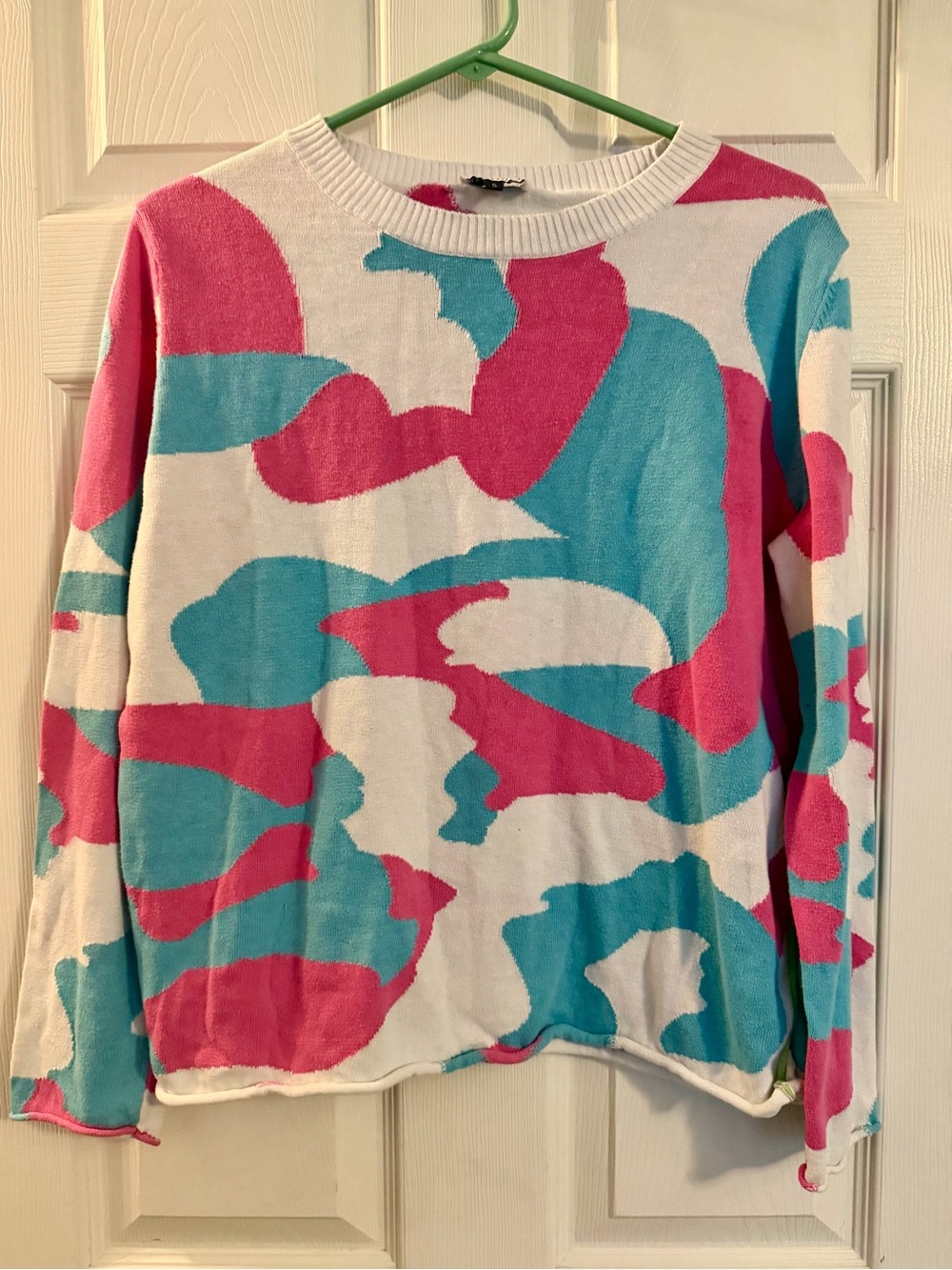 Abstract Colorblock Crewneck Sweater - Pink & Teal